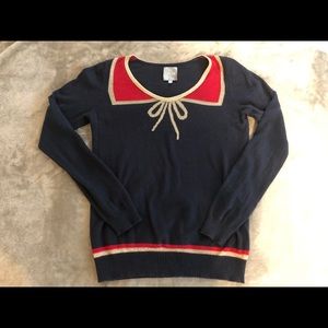 Anthropologie Navy Pullover Gold Bow Design XS